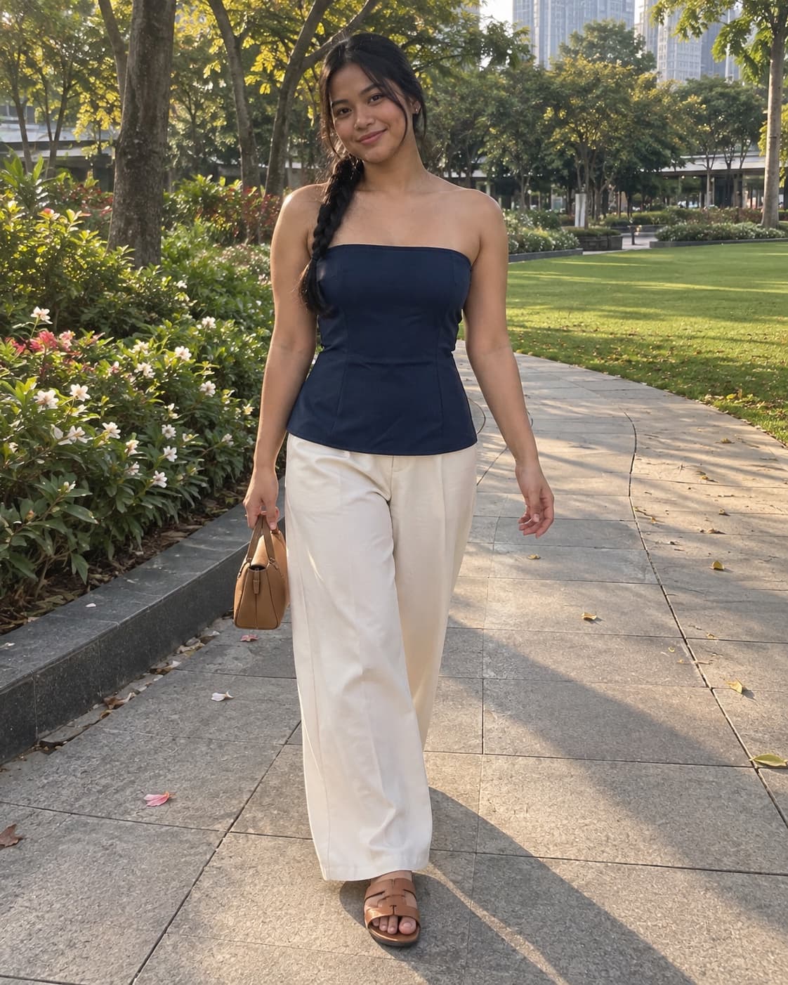 A woman wearing the navy tube top in a landscaped garden