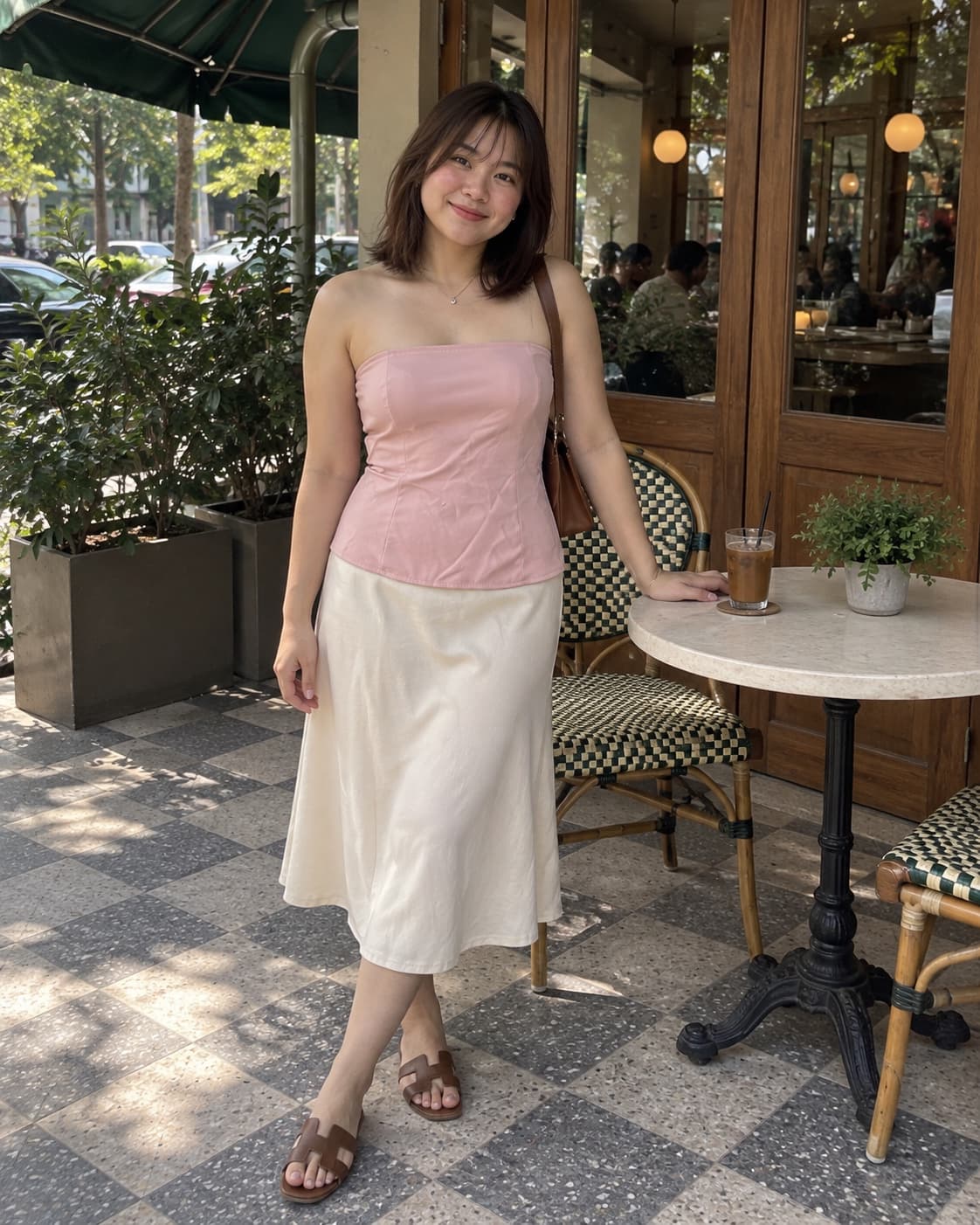 A woman wearing the pink tube top at a café terrace