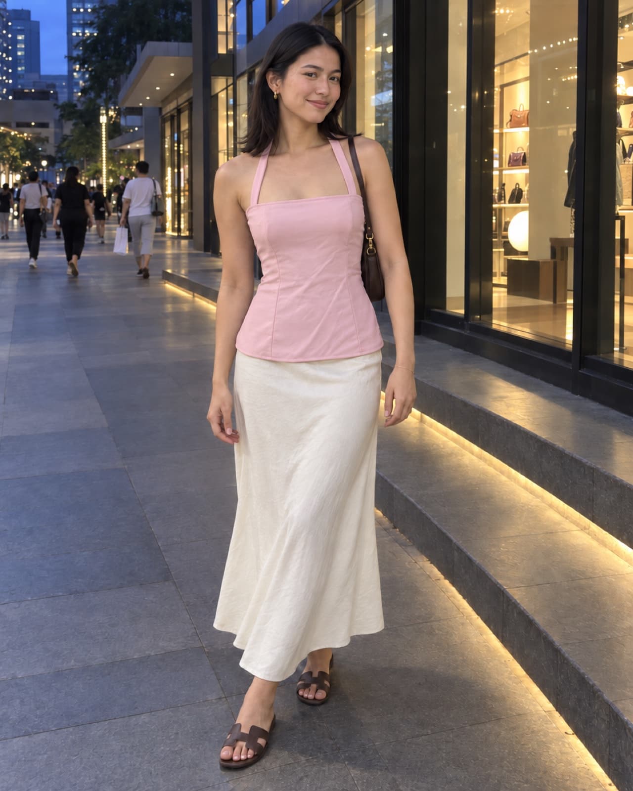 A woman wearing the pink halter top in a city shopping arcade at dusk